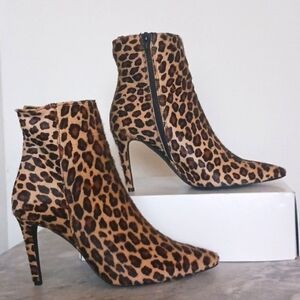 SFW Brand Sexy Leopard Print Pony Hair Leather Booties, Brown Tan, Size 9.5
